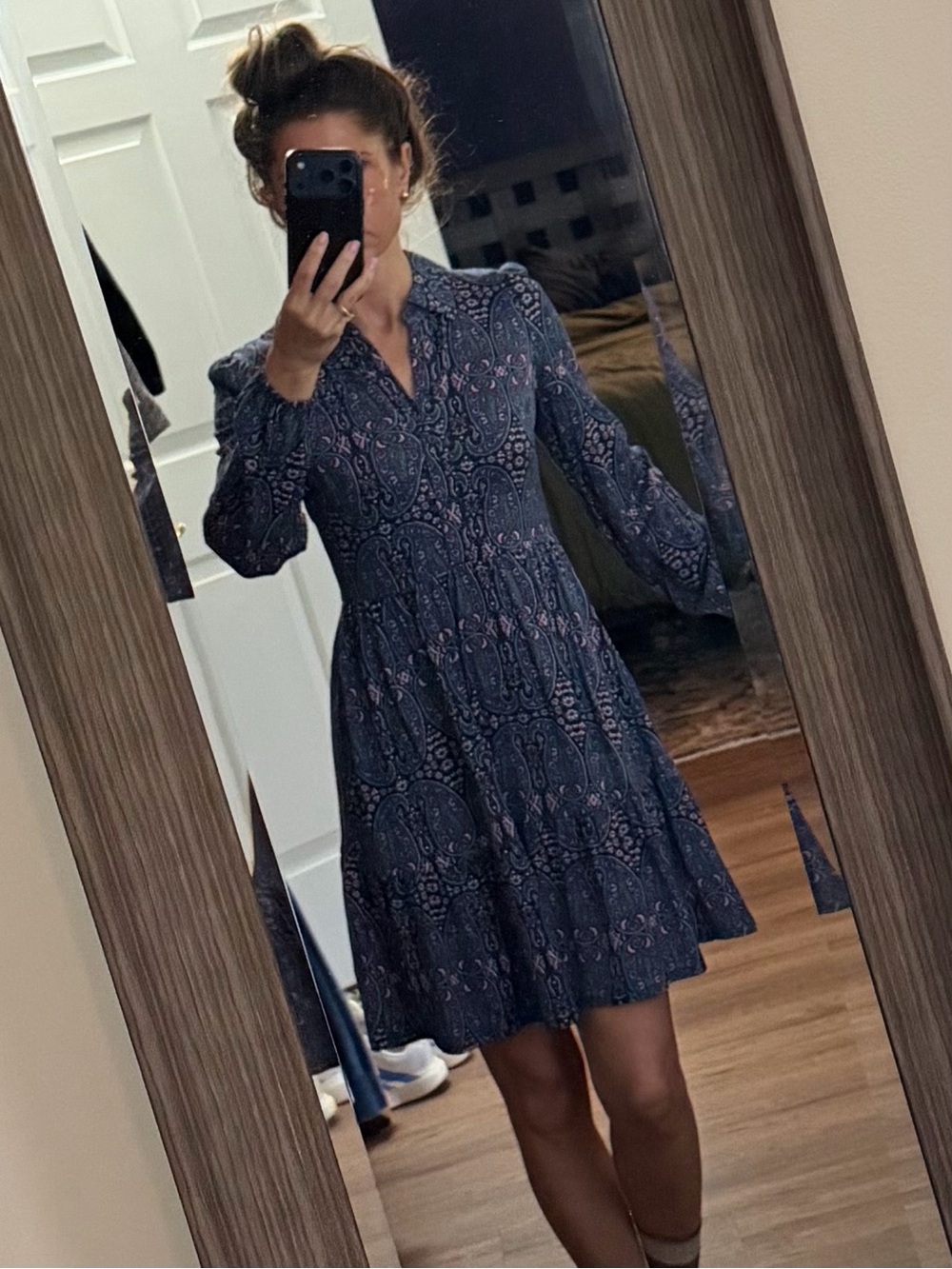 Boden Blue, Pink and Green Paisley Long Sleeve Tiered Dress